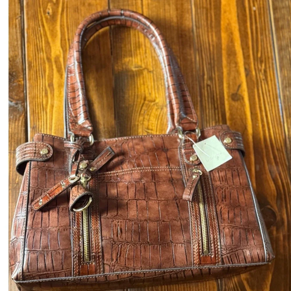 Liz Claiborne Satchel Women Large Brown New Y2K Croc Embossed Faux Leather